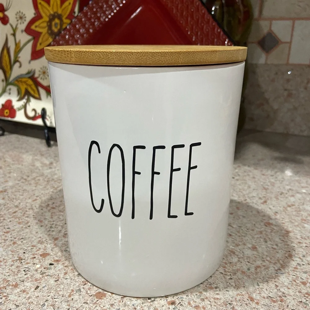 Black and White “COFFEE” Canister Ceramic with Wooden Lid